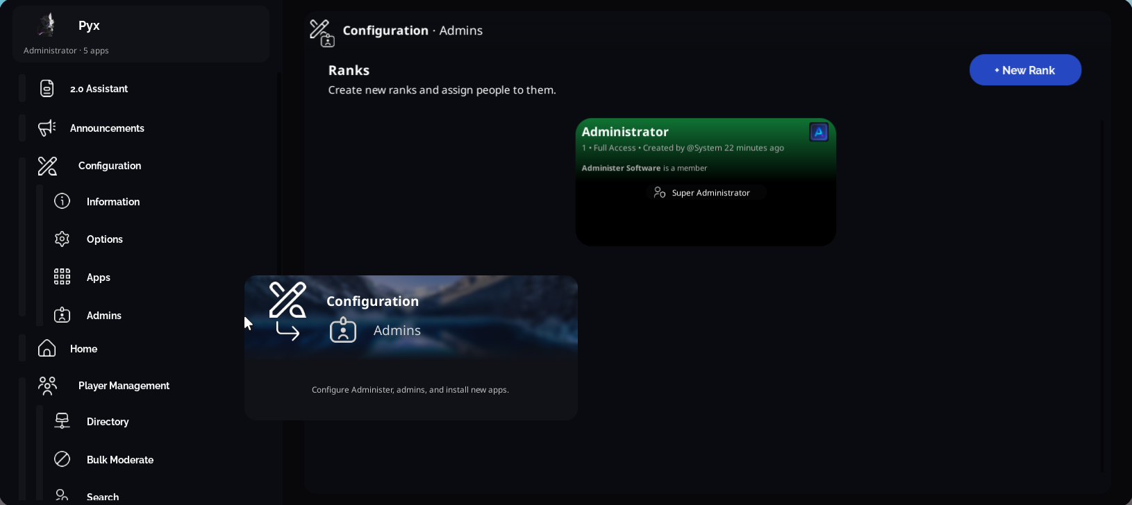 App drawer showing Admins