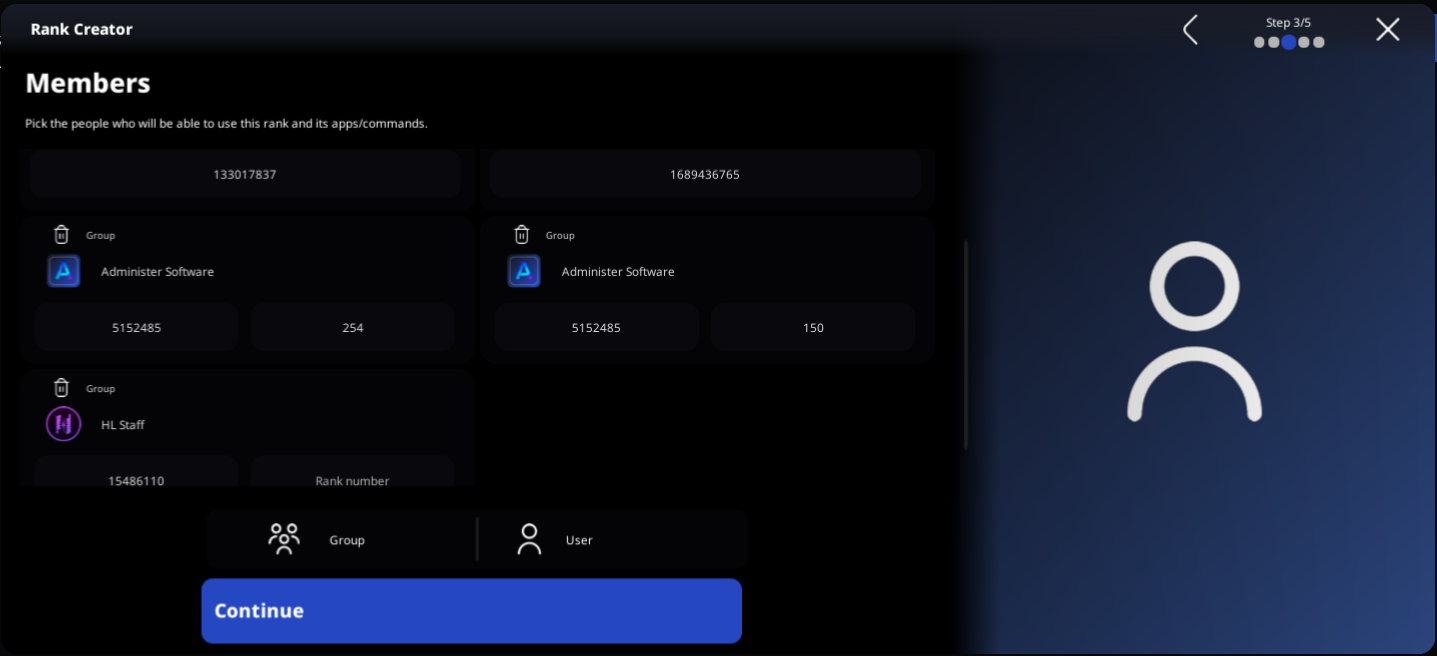 The rank editor with three group ranks (one missing a rank number) and two users, slightly cut off