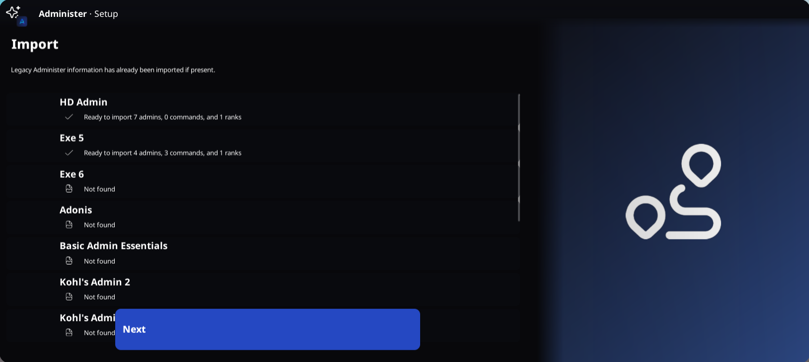 Importing screen with many options