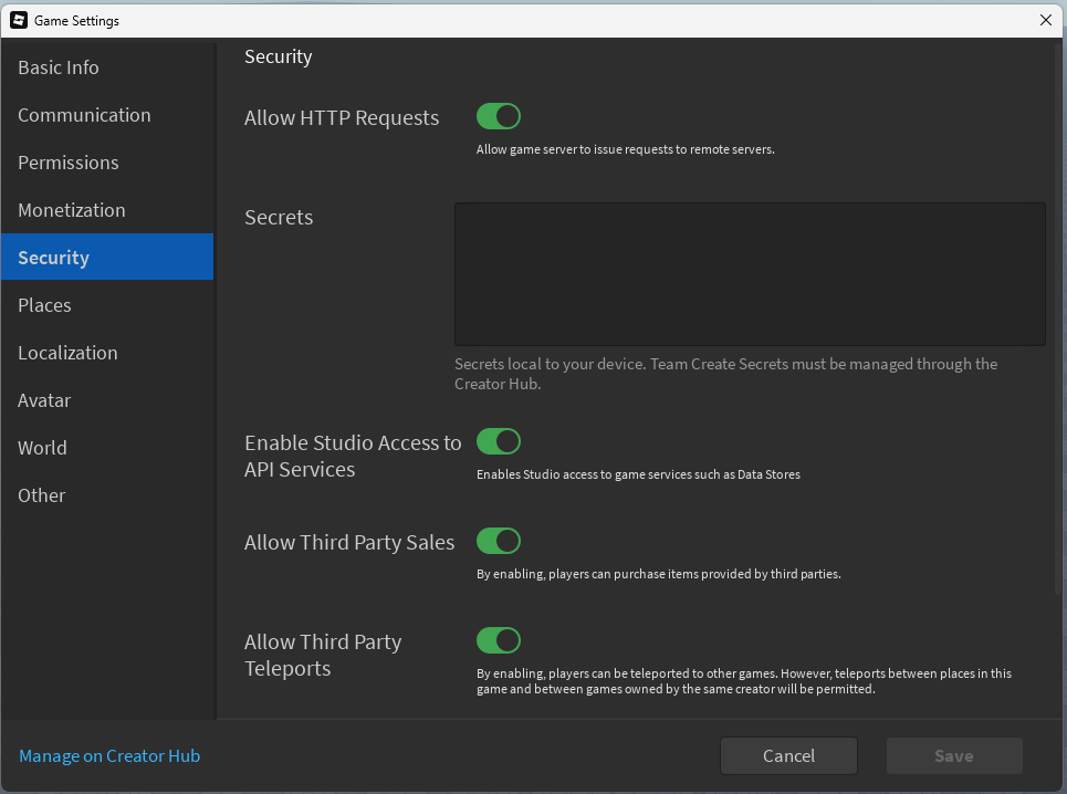 A dialog box showing permissions enabled for a game